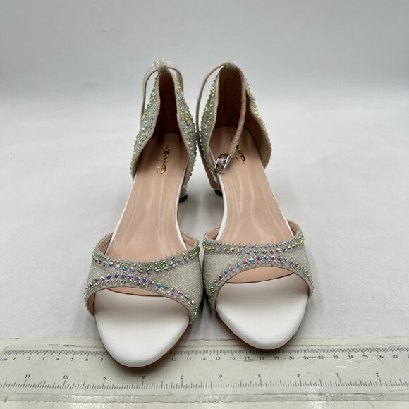XYD White Bridal Evening Heels Peep Toe Rhinestone Studs Block Low Heeled Sandal - Picture 3 of 8